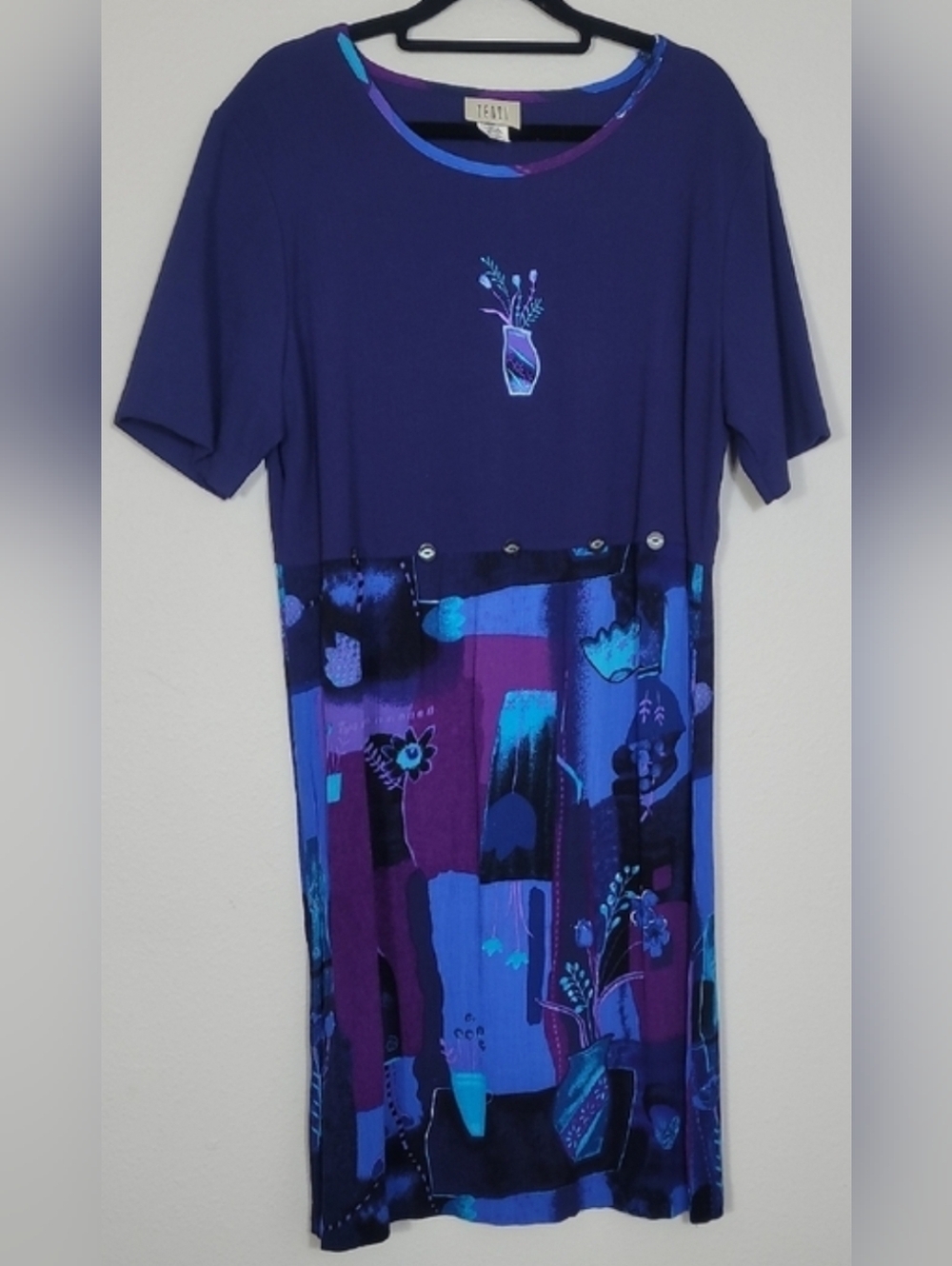 Vintage Teddi Short Sleeve Midi Dress Size XL Blue Purple Teacher Artsy 90s